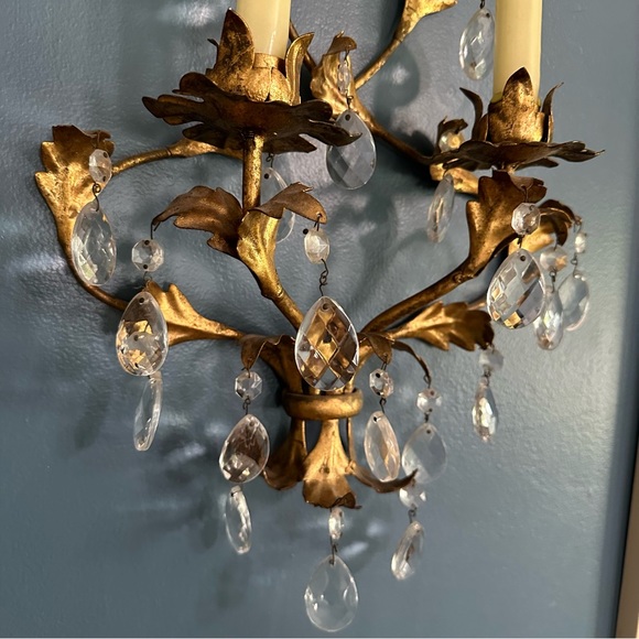 French Empire Style Gilt Metal 2 Candle Wall Sconce with Crystal Teardrops - Picture 6 of 11